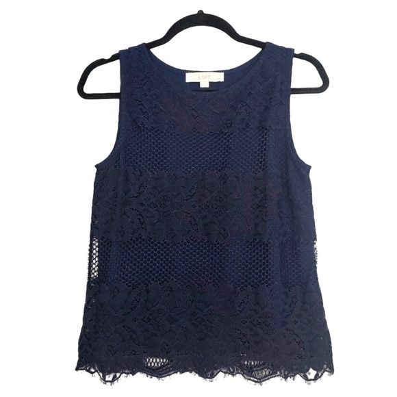 Ann Taylor LOFT Navy Lace Tank Top XSP Petite Sleeveless Blouse Classic Chic Top - Picture 2 of 3
